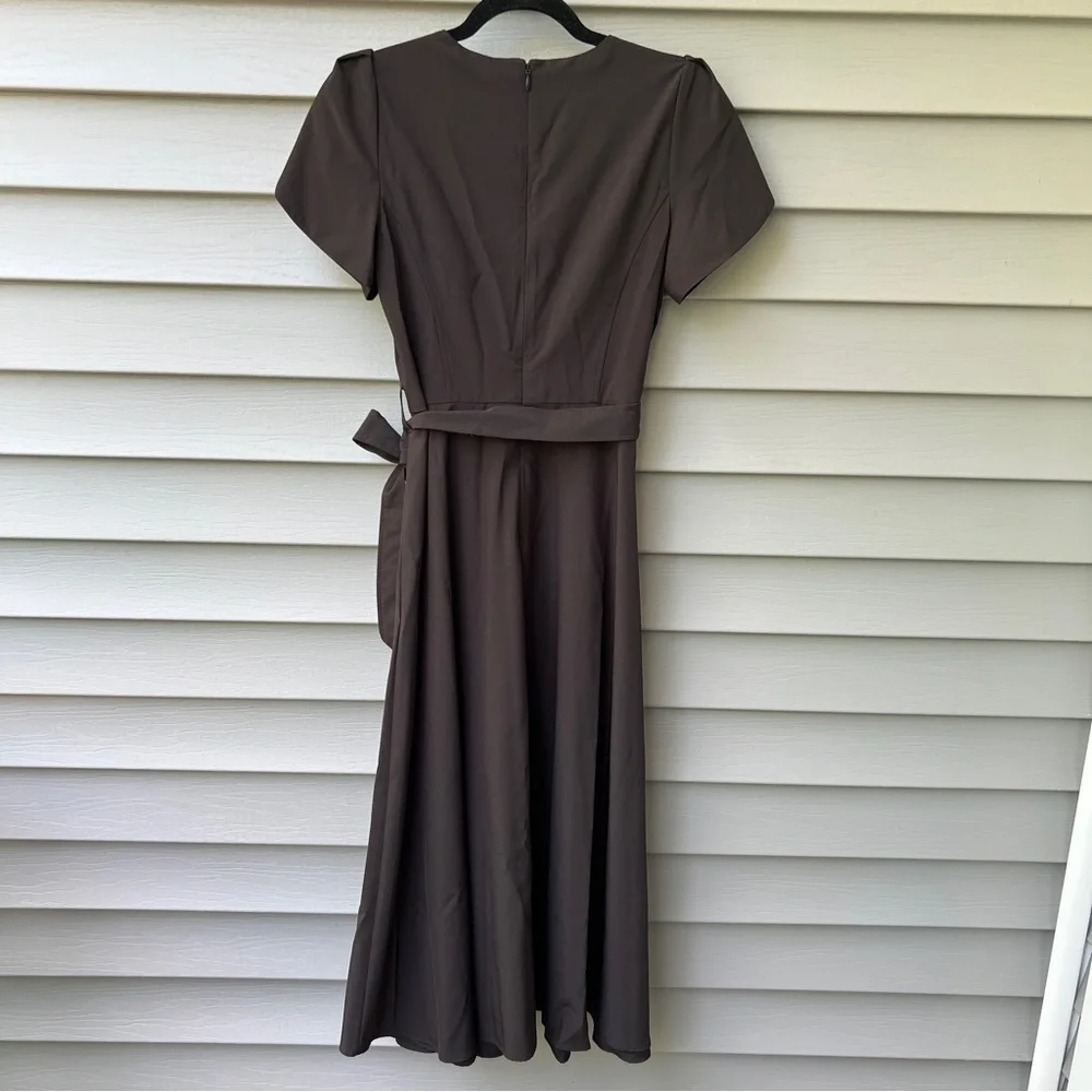 Calvin Klein Tulip Sleeve Fit & Flare Midi Dress Black Women’s 4 Belted Waist - Picture 7 of 16
